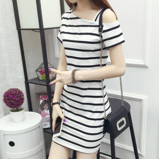 show image for Slim Design Delicate Stripe Printed Pullover Off-shoulder Mini Dress - White Slim Design Delicate Stripe Printed Pullover Off-shoulder Mini Dress - White |image