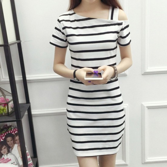 show image for Slim Design Delicate Stripe Printed Pullover Off-shoulder Mini Dress - White Slim Design Delicate Stripe Printed Pullover Off-shoulder Mini Dress - White |image