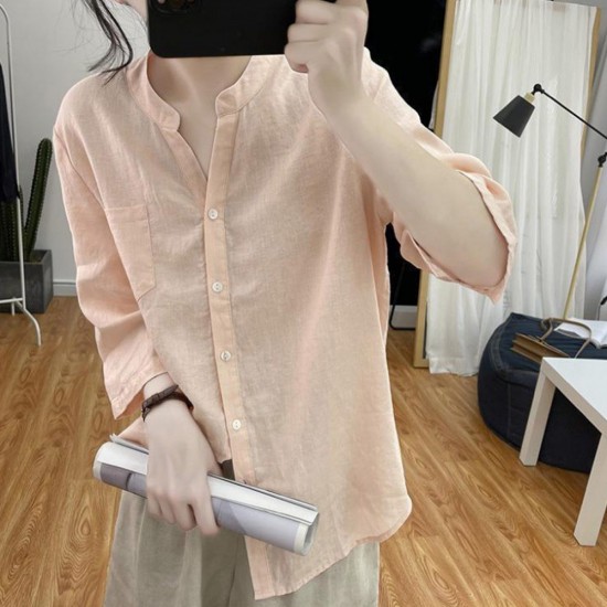 Retro Style Loose Type Cardigan V Neck Women Tops - Pink |image