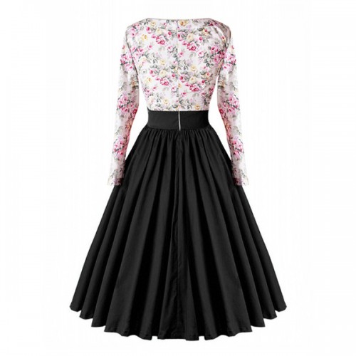 Elegant Floral Round Neck Long Sleeve Pseudo Button Maxi Dress - Black |image