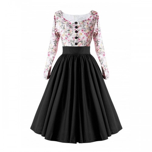 Elegant Floral Round Neck Long Sleeve Pseudo Button Maxi Dress - Black |image