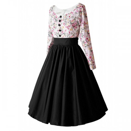 Elegant Floral Round Neck Long Sleeve Pseudo Button Maxi Dress - Black |image