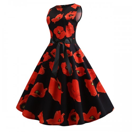 Floral Printed Vintage Striped A-line Pleated Swing Midi Party Dress - Red |image