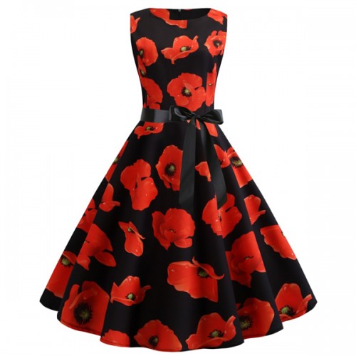 Floral Printed Vintage Striped A-line Pleated Swing Midi Party Dress - Red |image