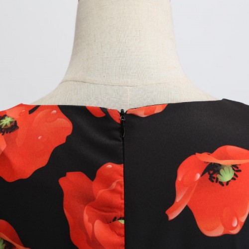 Floral Printed Vintage Striped A-line Pleated Swing Midi Party Dress - Red |image