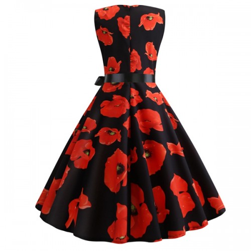 Floral Printed Vintage Striped A-line Pleated Swing Midi Party Dress - Red |image