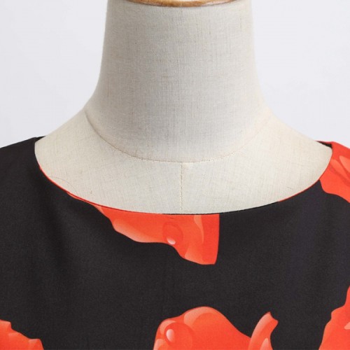 Floral Printed Vintage Striped A-line Pleated Swing Midi Party Dress - Red |image