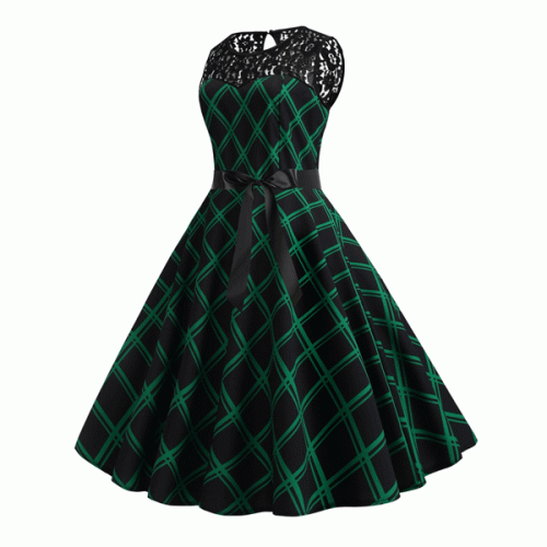Retro Lace Round Neck Sleeveless Stitching Plaid With Belt Swing Midi Dress - Green |image