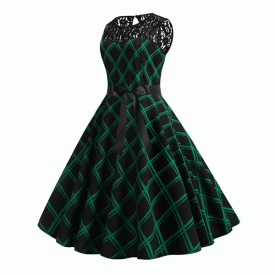 Retro Lace Round Neck Sleeveless Stitching Plaid With Belt Swing Midi Dress - Green |image