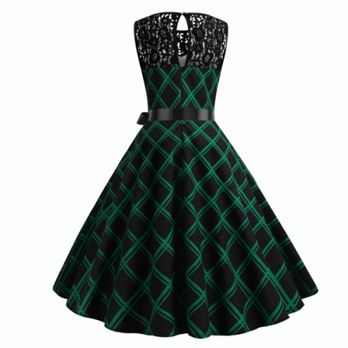 Retro Lace Round Neck Sleeveless Stitching Plaid With Belt Swing Midi Dress - Green |image