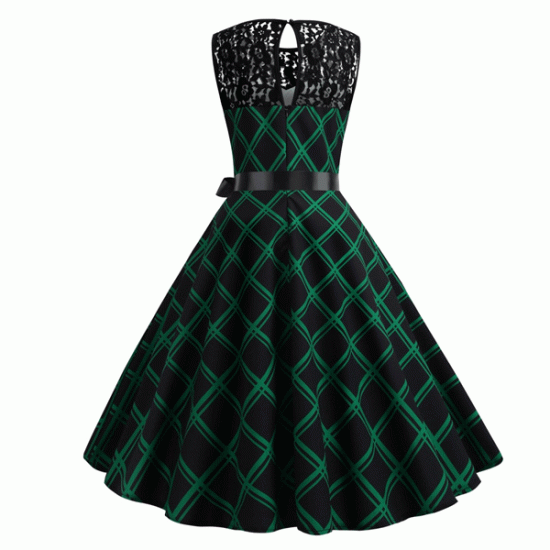 Retro Lace Round Neck Sleeveless Stitching Plaid With Belt Swing Midi Dress - Green |image