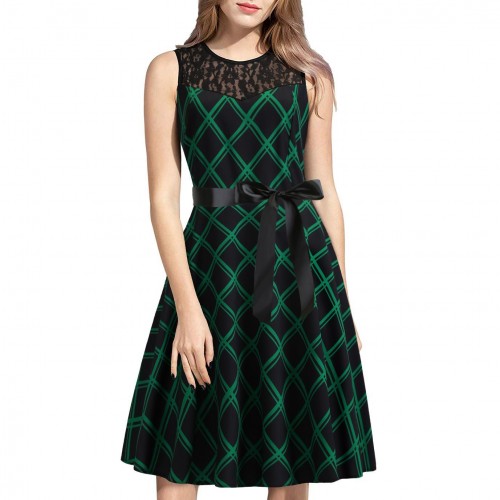 Retro Lace Round Neck Sleeveless Stitching Plaid With Belt Swing Midi Dress - Green |image