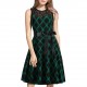 Retro Lace Round Neck Sleeveless Stitching Plaid With Belt Swing Midi Dress - Green |image