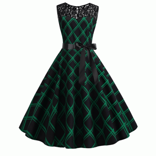 Retro Lace Round Neck Sleeveless Stitching Plaid With Belt Swing Midi Dress - Green |image