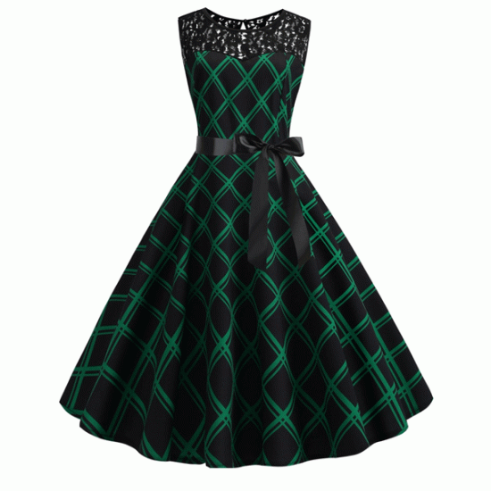 Retro Lace Round Neck Sleeveless Stitching Plaid With Belt Swing Midi Dress - Green |image