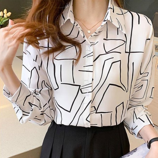 Formal Button Closure Printed Long Sleeve Women Shirt - White |image