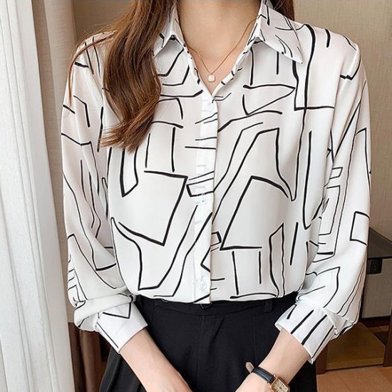 Formal Button Closure Printed Long Sleeve Women Shirt - White |image