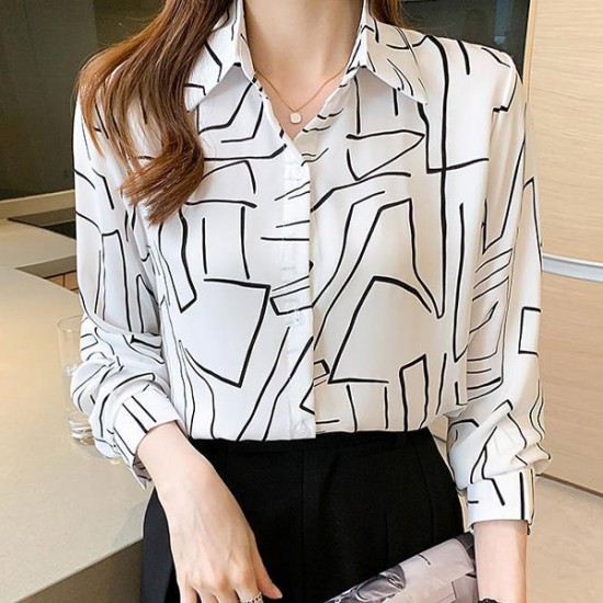 Formal Button Closure Printed Long Sleeve Women Shirt - White |image