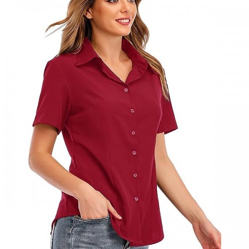 Solid Color Lapel Collar Button Down Short Sleeve Women Tops - Red |image