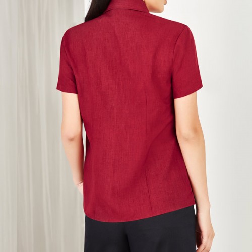 Solid Color Lapel Collar Button Down Short Sleeve Women Tops - Red |image