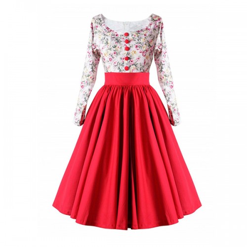 Elegant Floral Round Neck Long Sleeve Pseudo Button Maxi Dress - Red |image