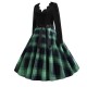 Vintage V-neck Long-sleeved Contrast Splicing Plaid Swing Midi Dress - Green |image