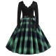 Vintage V-neck Long-sleeved Contrast Splicing Plaid Swing Midi Dress - Green |image