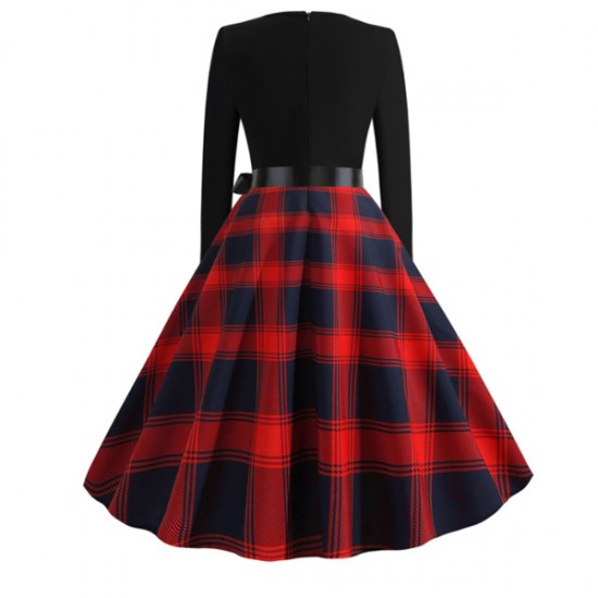 Vintage V-neck Long-sleeved Contrast Splicing Plaid Swing Midi Dress - Red |image