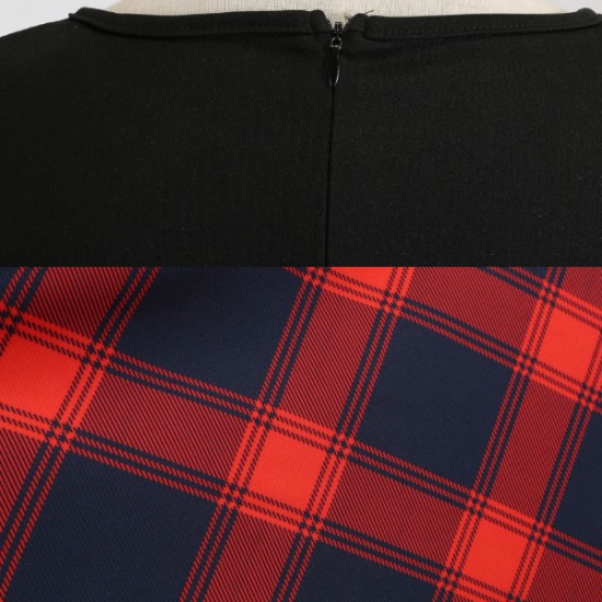 Vintage V-neck Long-sleeved Contrast Splicing Plaid Swing Midi Dress - Red |image