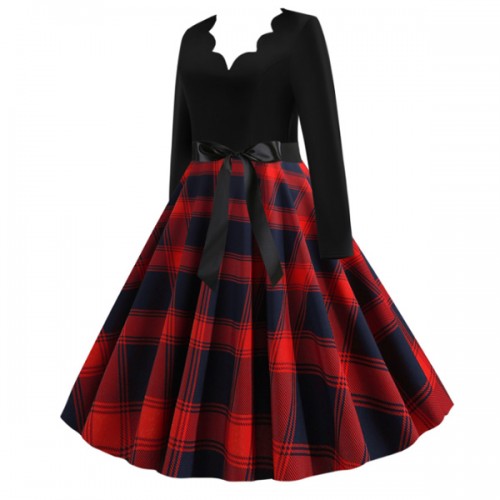 Vintage V-neck Long-sleeved Contrast Splicing Plaid Swing Midi Dress - Red |image