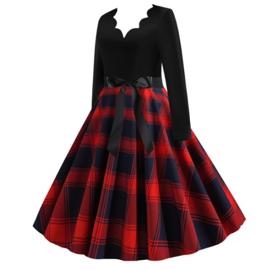 Vintage V-neck Long-sleeved Contrast Splicing Plaid Swing Midi Dress - Red |image