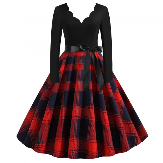 Vintage V-neck Long-sleeved Contrast Splicing Plaid Swing Midi Dress - Red |image