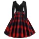 Vintage V-neck Long-sleeved Contrast Splicing Plaid Swing Midi Dress - Red