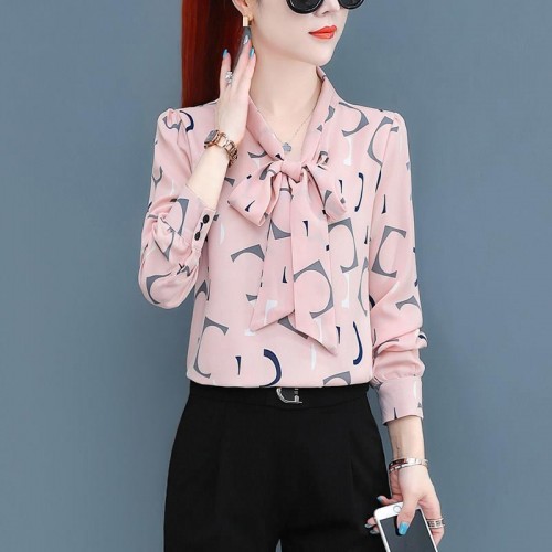 Fashion Lapel Spliced Lace Up Bow Printed Blouse Women Tops - Pink |image
