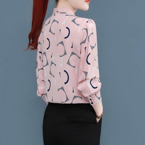 Fashion Lapel Spliced Lace Up Bow Printed Blouse Women Tops - Pink |image