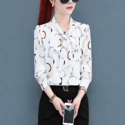 Fashion Lapel Spliced Lace Up Bow Printed Blouse Women Tops - White