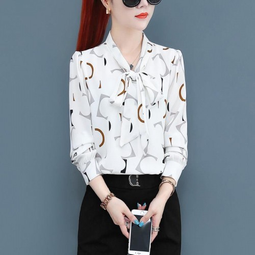 Fashion Lapel Spliced Lace Up Bow Printed Blouse Women Tops - White |image
