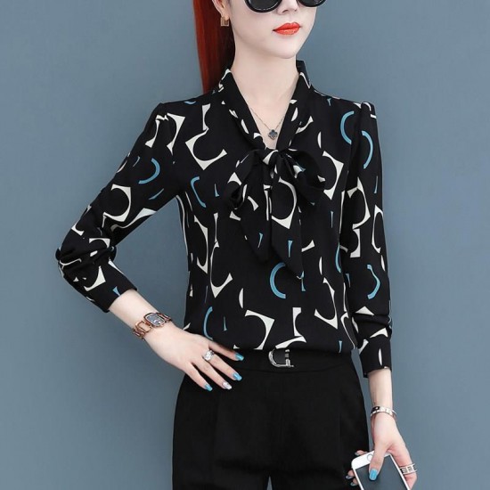 Fashion Lapel Spliced Lace Up Bow Printed Blouse Women Tops - Black |image