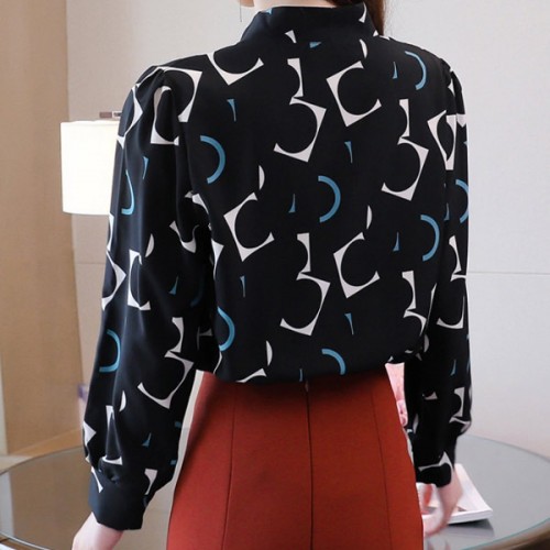Fashion Lapel Spliced Lace Up Bow Printed Blouse Women Tops - Black |image