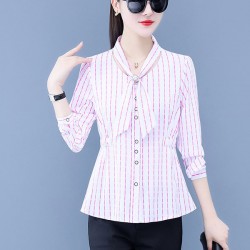 Trendy Stripes Button Up Bow-neck Ribbon Knotted Women Tops - Pink
