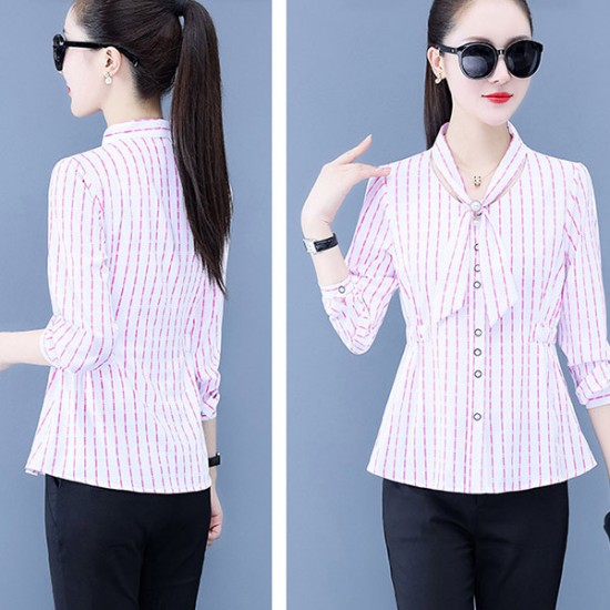 Trendy Stripes Button Up Bow-neck Ribbon Knotted Women Tops - Pink |image