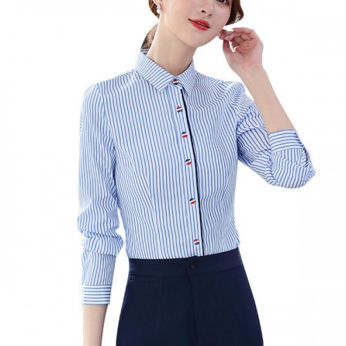 Cardigan Slimming Stripes Button Up long Sleeve Women Shirts - Light Blue |image