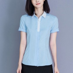 Elegant Plain Cardigan Slim Button Up Short Sleeve Women Tops - Light Blue