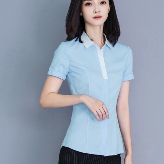 Elegant Plain Cardigan Slim Button Up Short Sleeve Women Tops - Light Blue |image