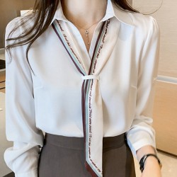 Collar Bow Design Neck Long Sleeve Women Shirt - White