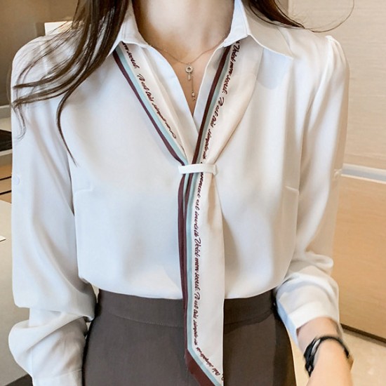 Collar Bow Design Neck Long Sleeve Women Shirt - White |image