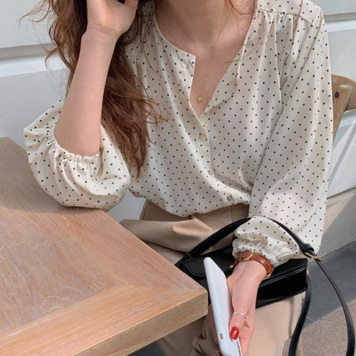 Dots Pattern Button Up Collar Neck Loose Design Women Tops - White |image