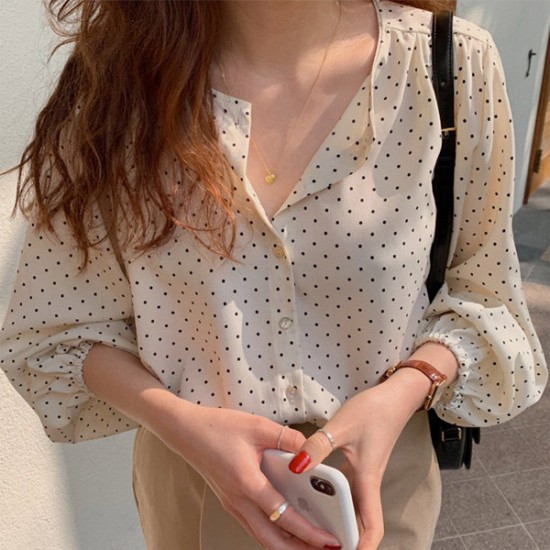 Showing images for Dots Pattern Button Up Collar Neck Loose Design Women Tops - White Dots Pattern Button Up Collar Neck Loose Design Women Tops - White |image