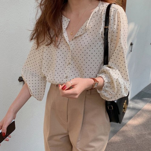 Dots Pattern Button Up Collar Neck Loose Design Women Tops - White |image