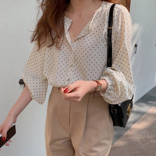 Showing images for Dots Pattern Button Up Collar Neck Loose Design Women Tops - White Dots Pattern Button Up Collar Neck Loose Design Women Tops - White |image